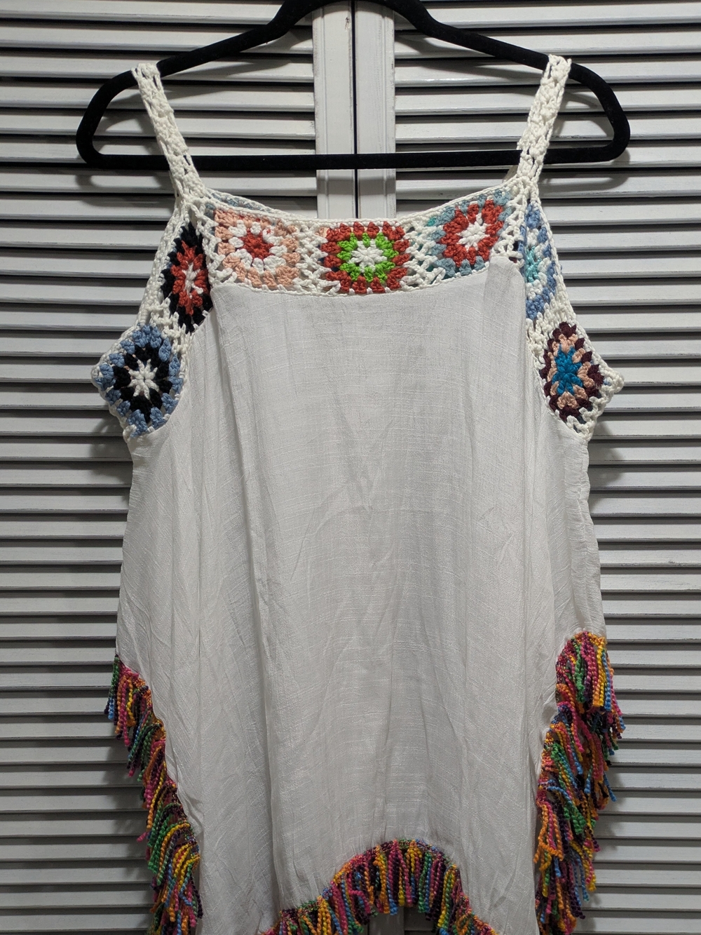 Boho Hippie Granny Square Crochet Fringe Asymmetrical Top Gypsy Rose Thailand
